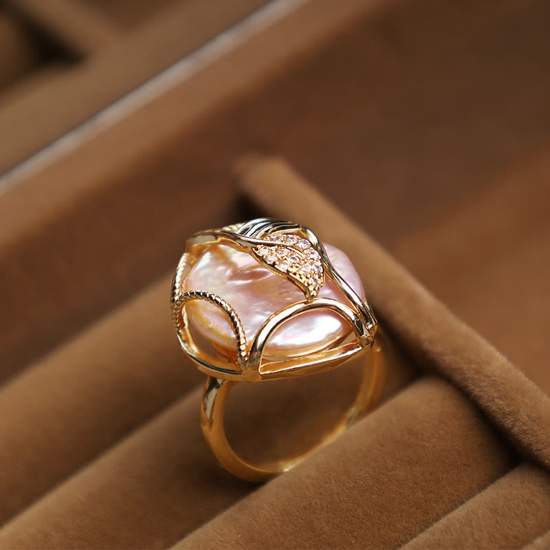 Pearl Copper Plated Gold Flower Happiness Wealth Ring