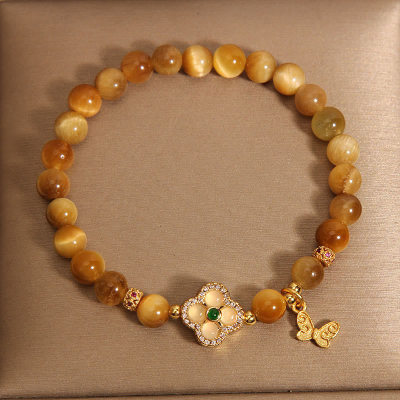 Tiger Eye Four Leaf Clover Butterfly Protection Bracelet