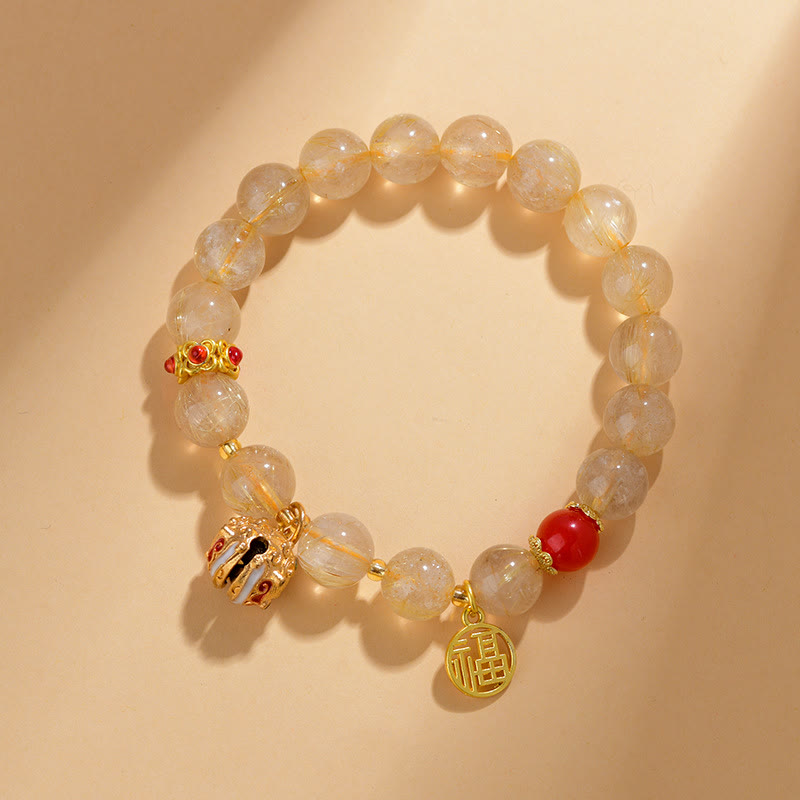 Natural Golden Rutilated Quartz Bracelet with Fu Character Charm and Ritual Bell