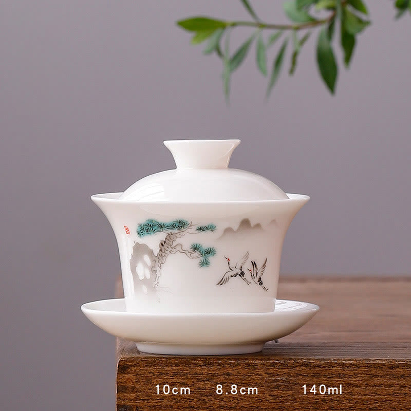 White Porcelain Mountain Landscape Countryside Ceramic Gaiwan Teacup Kung Fu Tea Cup And Saucer With Lid