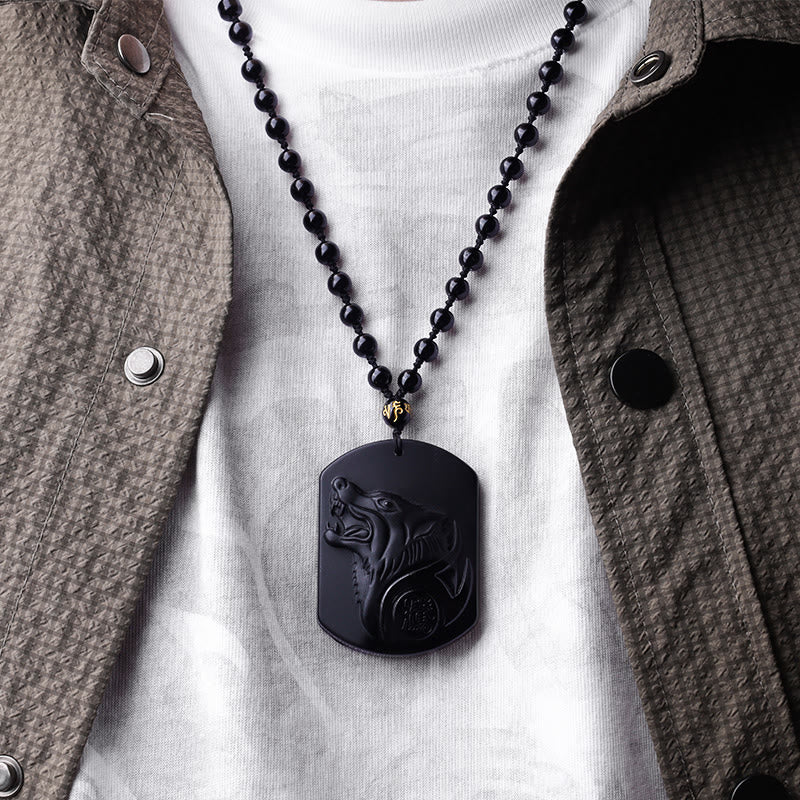 Black Obsidian Stone Wolf Purification Pendant Necklace