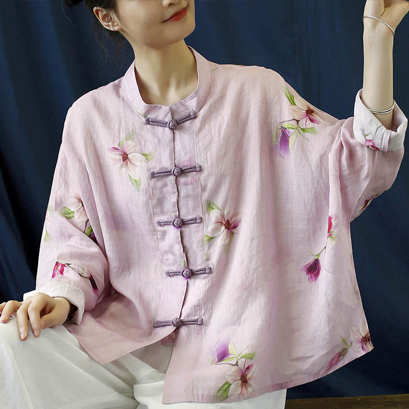 Pink Flower Print Frog-button Design Batwing Long Sleeve Ramie Linen Jacket Shirt