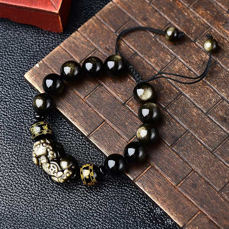 Natural Gold Sheen Obsidian Pixiu Om Mani Padme Hum Braided Bracelet