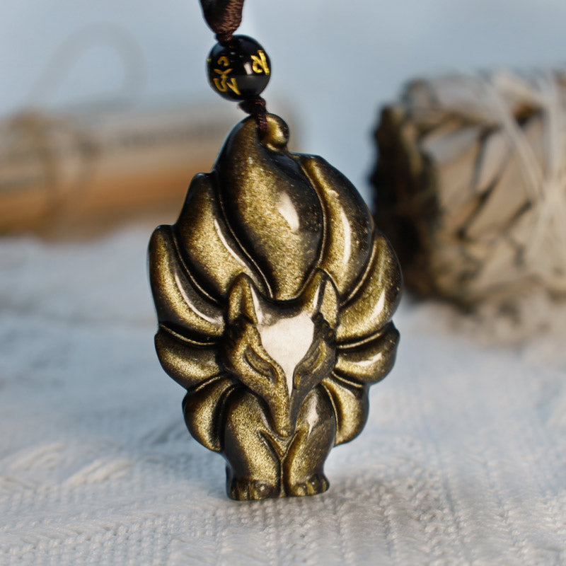 Natural Rainbow Obsidian Gold Sheen Obsidian Nine Tailed Fox Positive Necklace Pendant