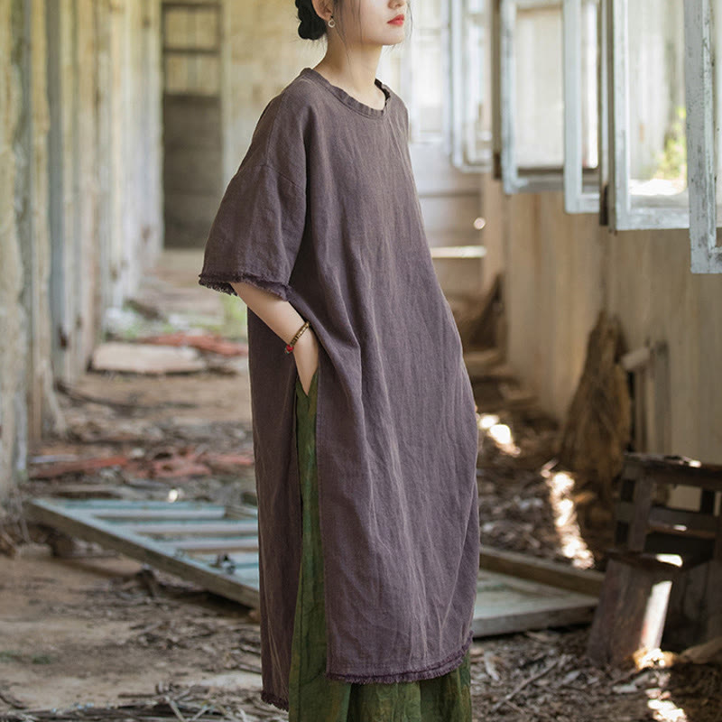 Mid Length Dress Ramie Linen Half Sleeve Split Hem Top T-Shirt