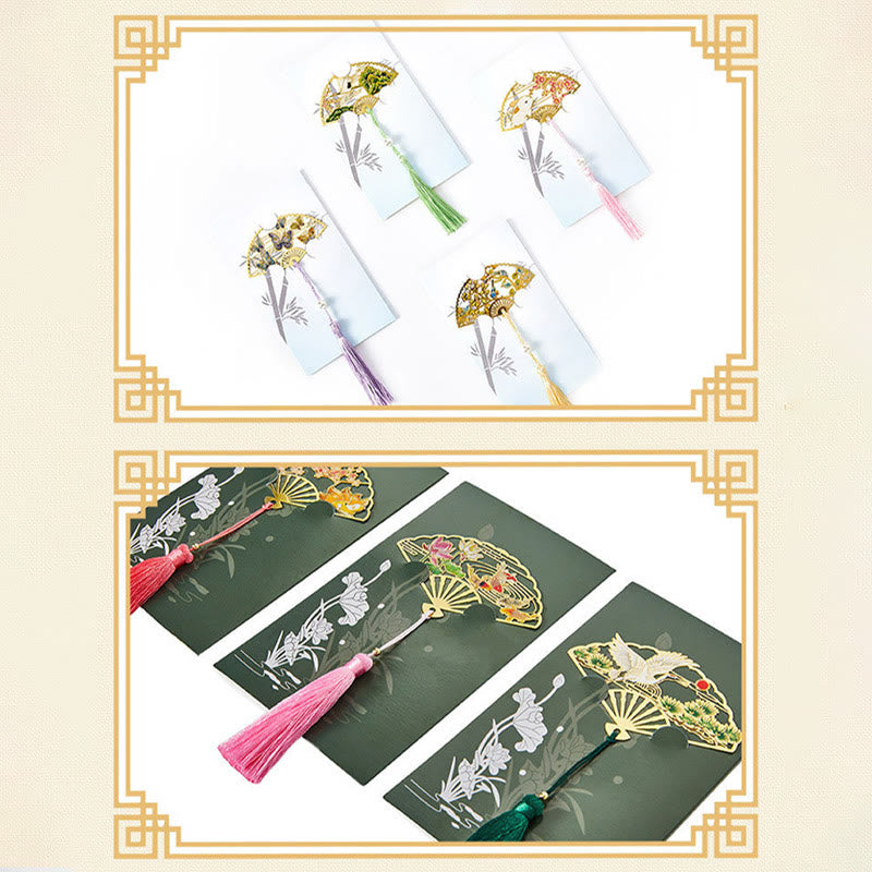 Traditional Butterfly Lotus Flower Crane Dragon Phoenix Fox Koi Fish New Beginning Metal Brass Hollow Fan Bookmarks