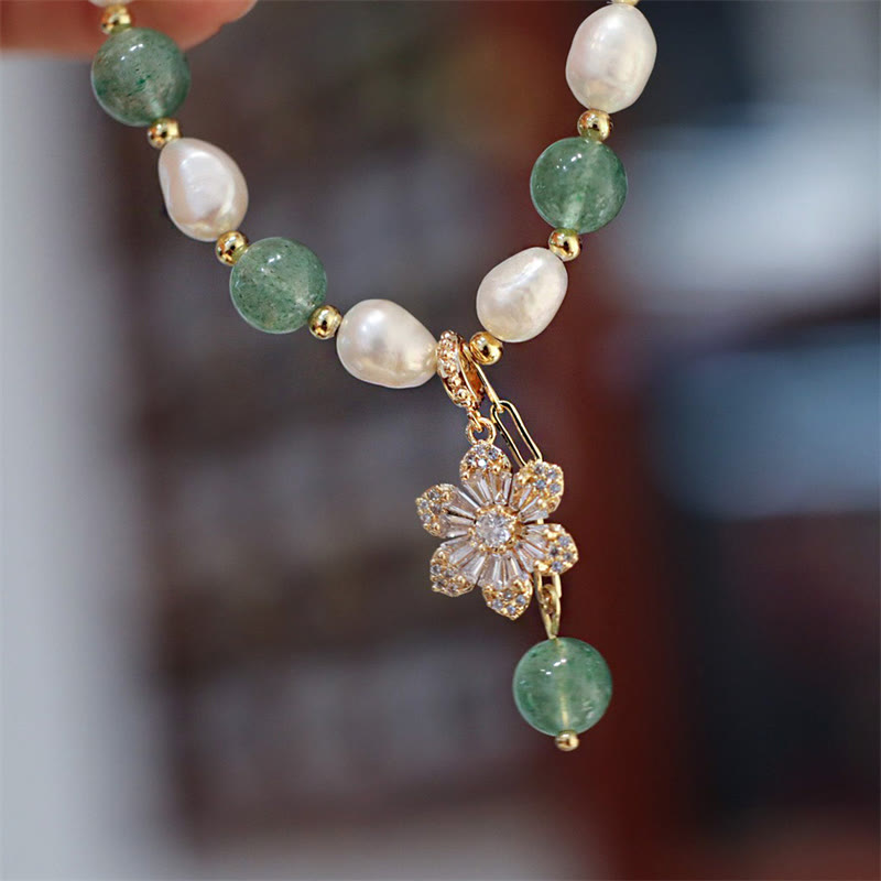 Handcrafted Green Strawberry Quartz and Pearl Flower Charm Gold Accent Bracelet
