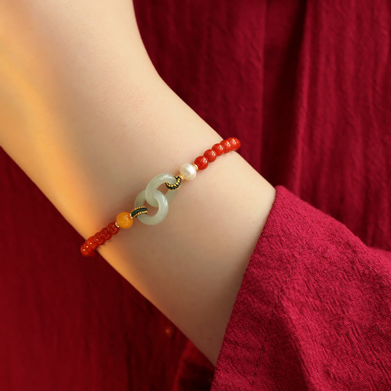 Natural Red Agate Hetian Jade Double Peace Buckle Confidence Bracelet