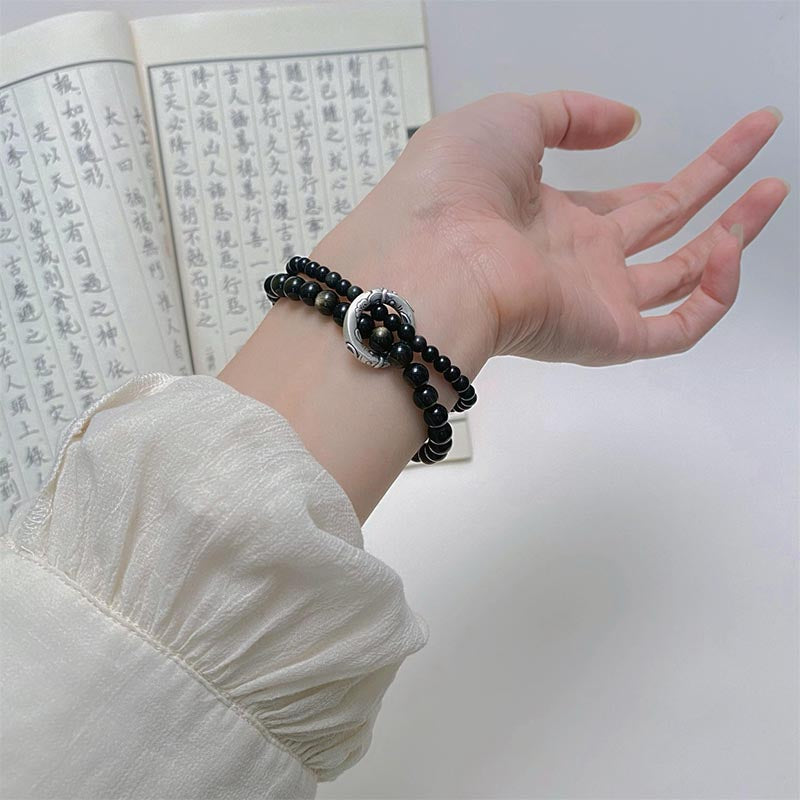 999 Sterling Silver Black Obsidian Fulfillment Strength Double Layer Bracelet