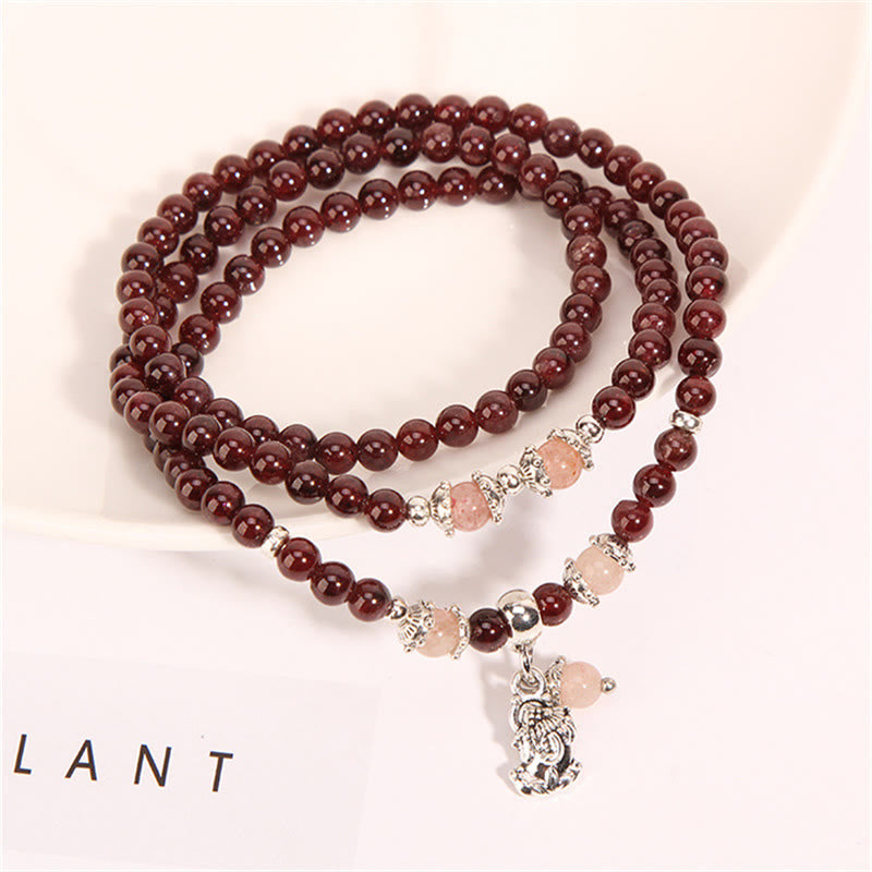 Natural Garnet Strawberry Quartz Green Beans PiXiu Protection Triple Wrap Bracelet