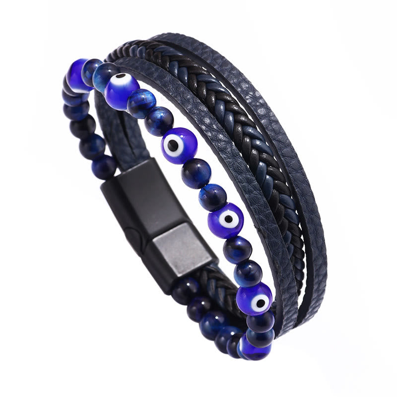 Evil Eye Tiger Eye Protection Beaded Multilayered Braided Bracelet