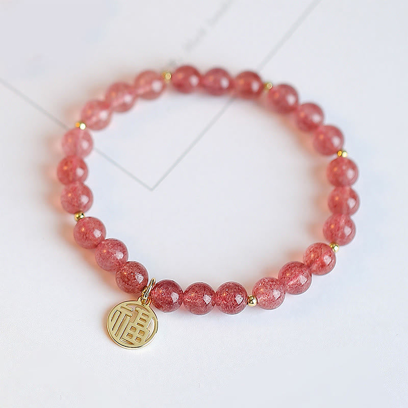 14K Gold Plated Strawberry Quartz Fu Character Healing Charm Bracelet