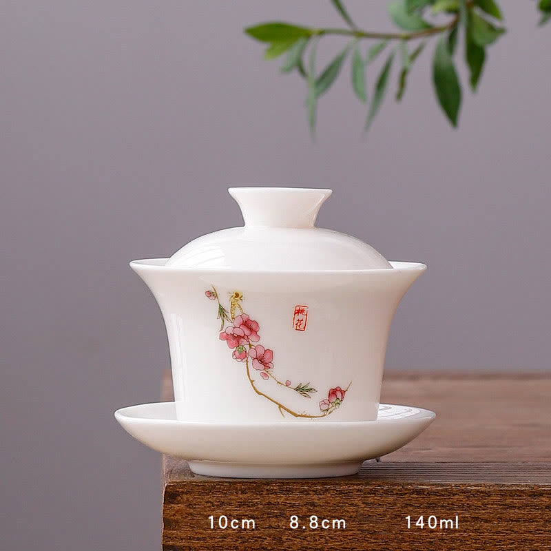 White Porcelain Mountain Landscape Countryside Ceramic Gaiwan Teacup Kung Fu Tea Cup And Saucer With Lid