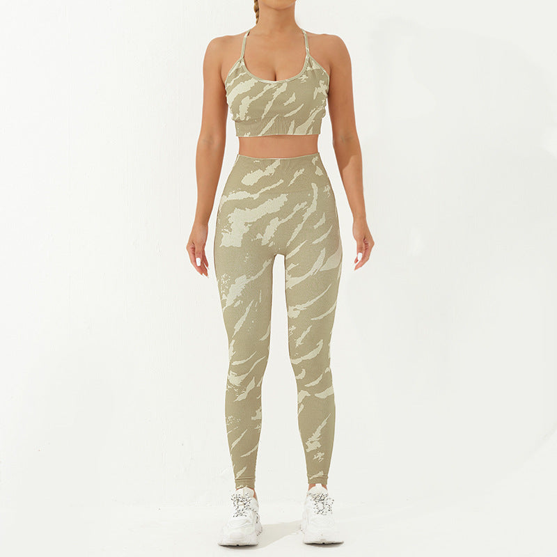 2Pcs Camo Print Backless Criss-Cross Strap Top Bra Shorts Leggings Pants Fitness Yoga Outfit Set