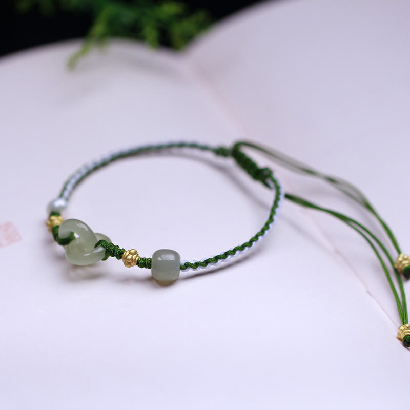 925 Sterling Silver Hetian Jade Double Peace Buckle Luck Braided Bracelet