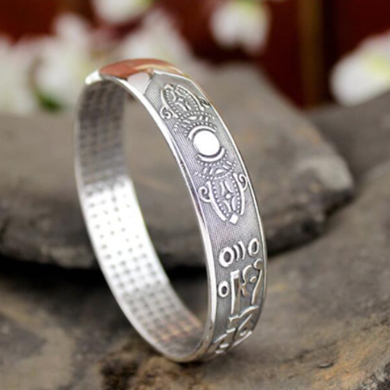 Tibetan White Copper & Sterling Silver Om Mani Padme Hum Sanskrit Engraved Meditation Bangle