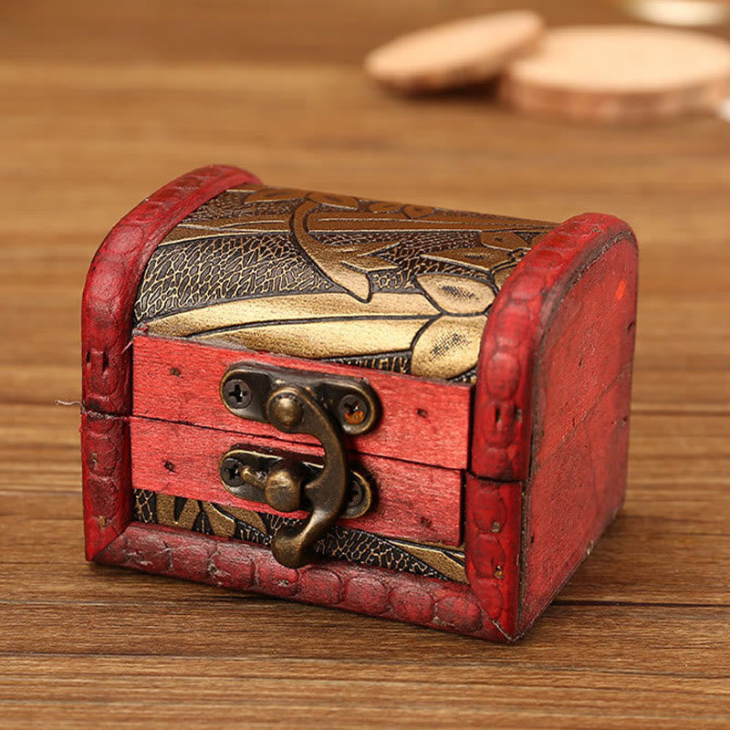 Retro Small Wood Jewelry Box Lotus Golden Grape Copper Coin Daffodil Grass Flower Jewelry Storage Box
