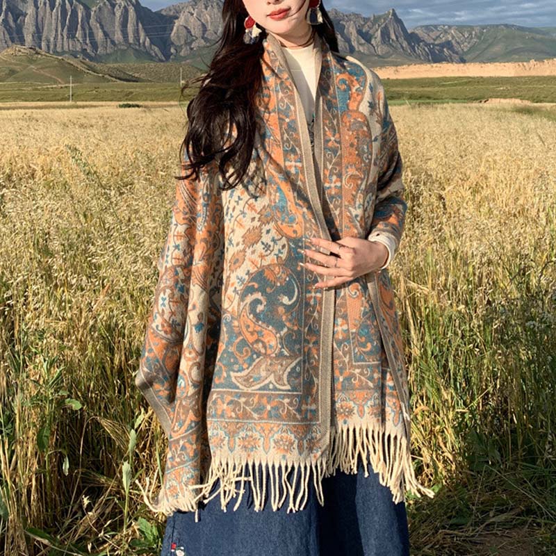 Tibetan Flower Branch Tassel Shawl Cozy Travel Scarf Wrap