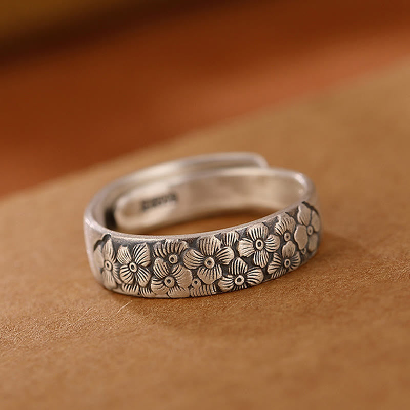 999 Sterling Silver Lotus Flower Plum Blossom Auspicious Clouds Engraved Enlightenment Ring