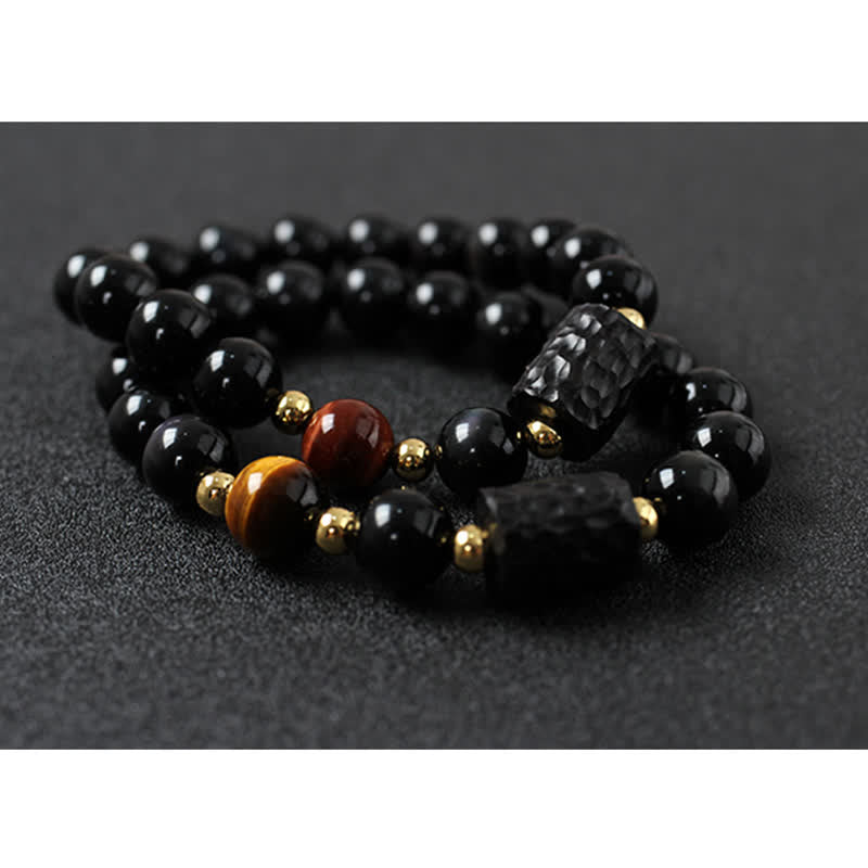 Ebony Wood & Black Obsidian Gold Sterling Silver Tiger Eye Beaded Couple Bracelet