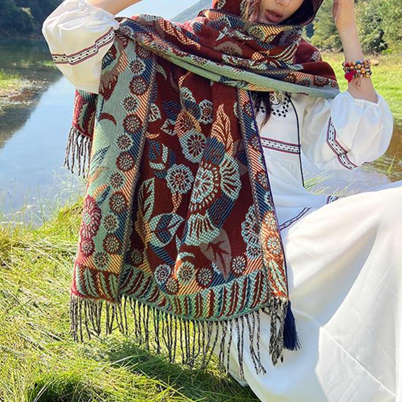 Tibetan Flower Floral Leaves Pattern Design Shawl Cozy Travel Scarf Wrap