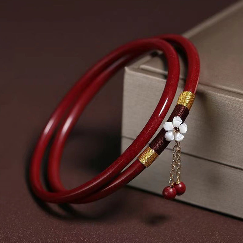 Carved Cinnabar Flower Bangle Bracelet Pair - 2-Piece Grounding Set