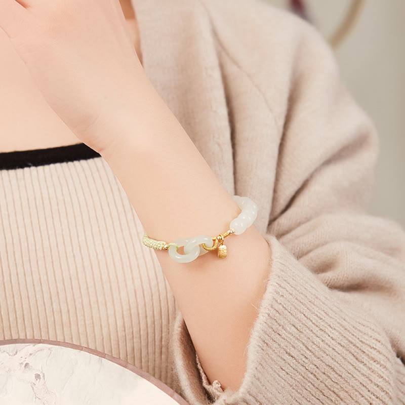 Natural Hetian Jade Bead Double Peace Buckle Fu Character Abundance Braided Bracelet