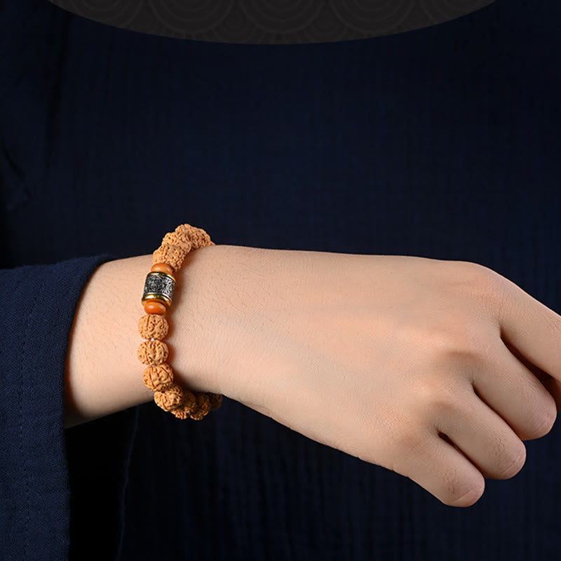 Tibetan Rudraksha & Bodhi Seed Bracelet with Hetian Jade and Gold Sheen Obsidian
