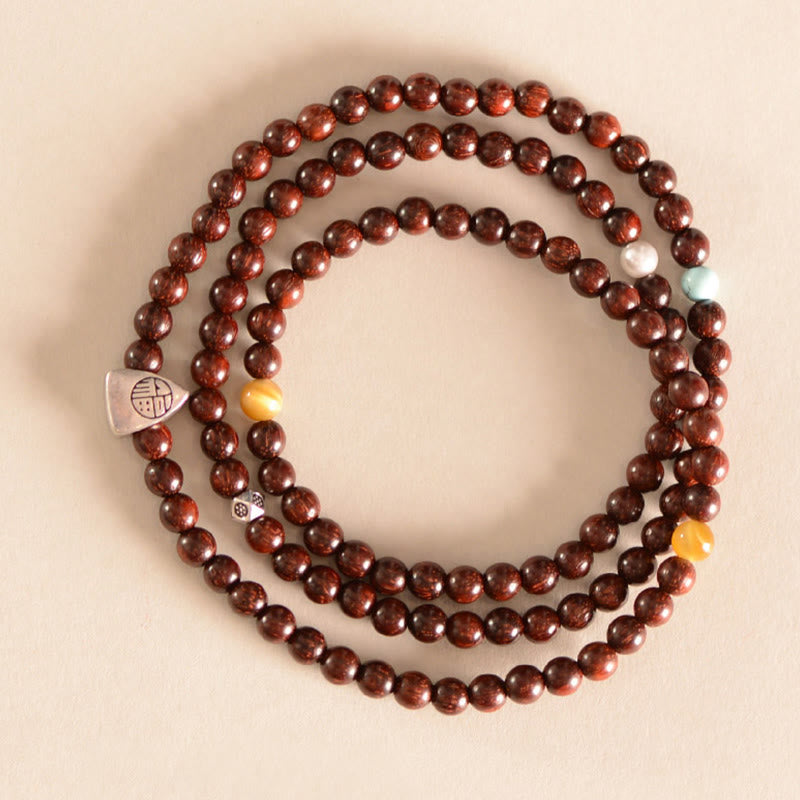 925 Sterling Silver Indian Small Leaf Red Sandalwood Fu Character Protection Triple Wrap Bracelet