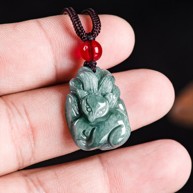 Natural Green Jade Nine Tailed Fox Engraved Prosperity Necklace Pendant