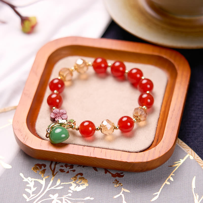 Natural Agate and Clear Quartz Beaded Bracelet with Cinnabar Flower and Wu Lou Gourd