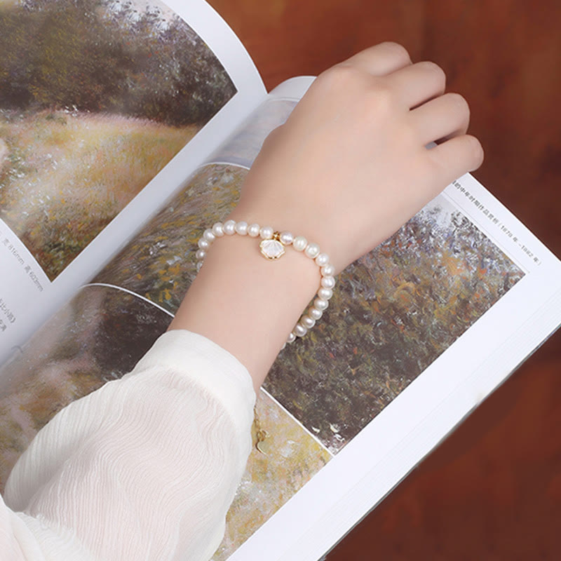14K Gold Plated Natural Pearl & Seashell Charm Bead Bracelet with Amethyst or Red Agate