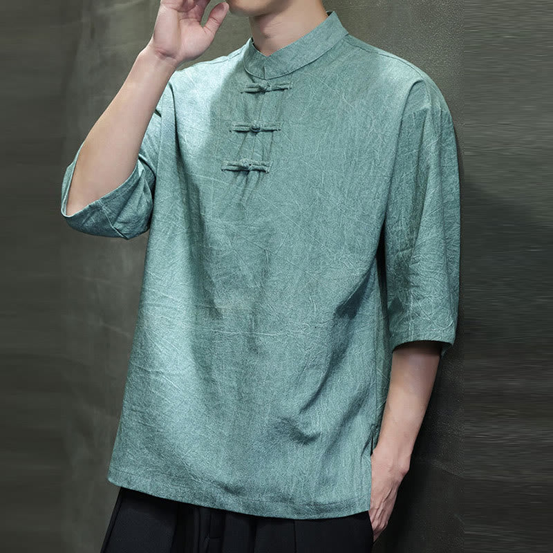 Cotton Linen Half-Sleeve Stand Collar Meditation Shirt