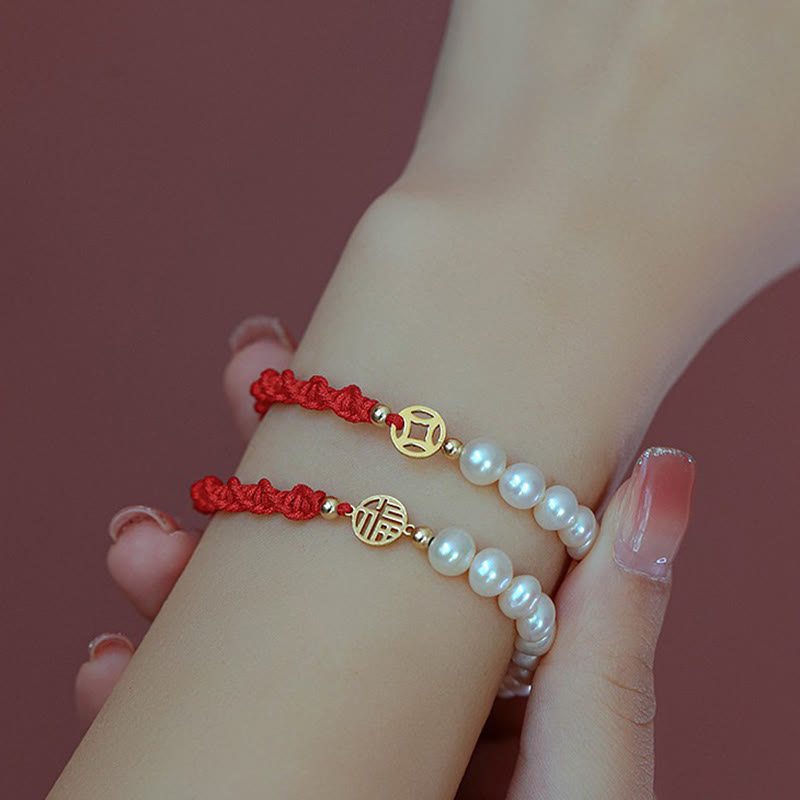 14K Gold Plated Pearl and Prosperity Symbol Braided Red String Bracelet