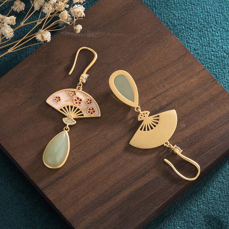 Natural Green Aventurine Fan Pattern Luck Drop Earrings