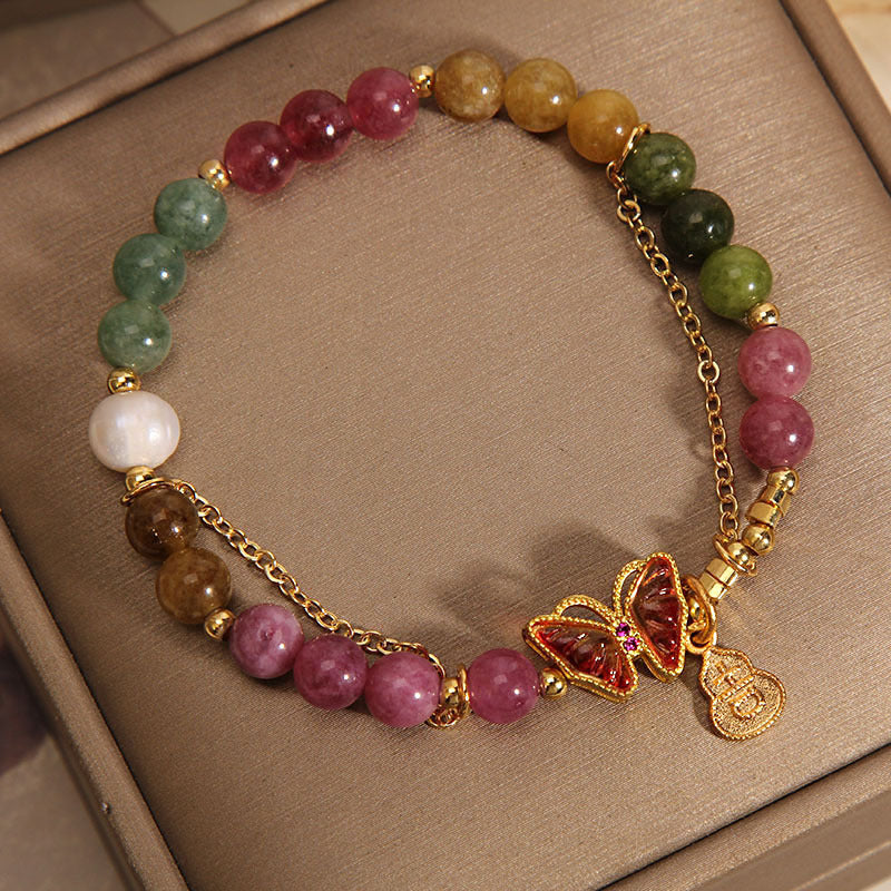 Natural Colorful Tourmaline Butterfly Auspicious Character Gourd Charm Positive Bracelet