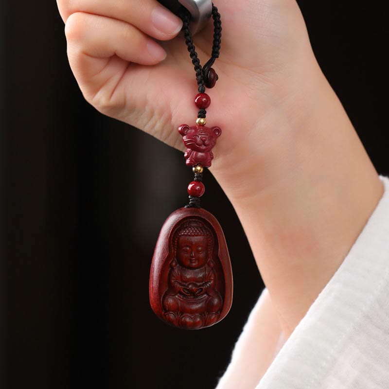 Small Leaf Red Sandalwood & Cinnabar Buddha Chinese Zodiac Carved Keychain