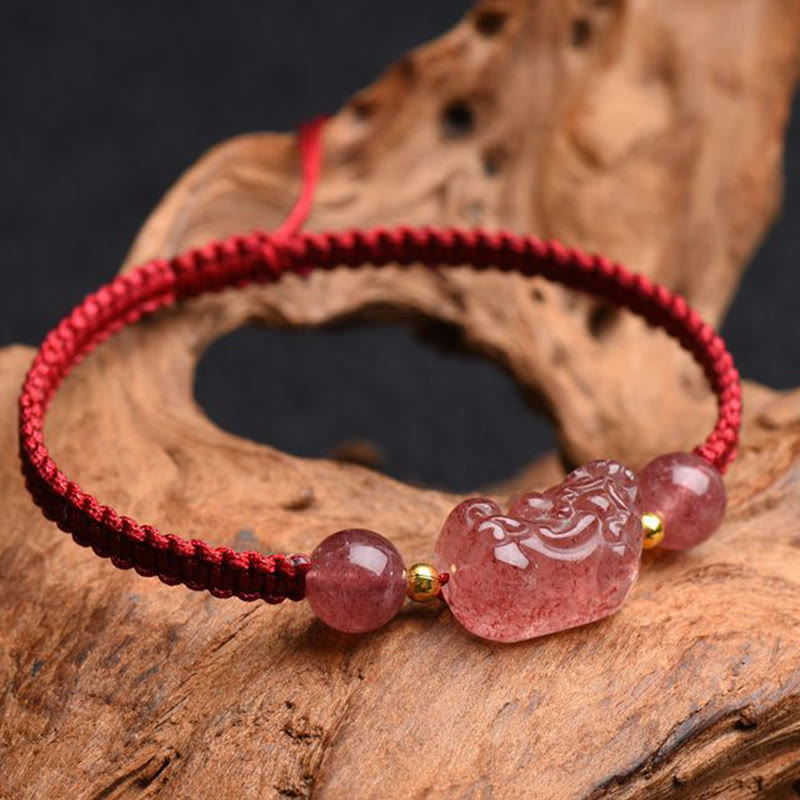 Natural Strawberry Quartz Pixiu Adjustable Red String Bracelet