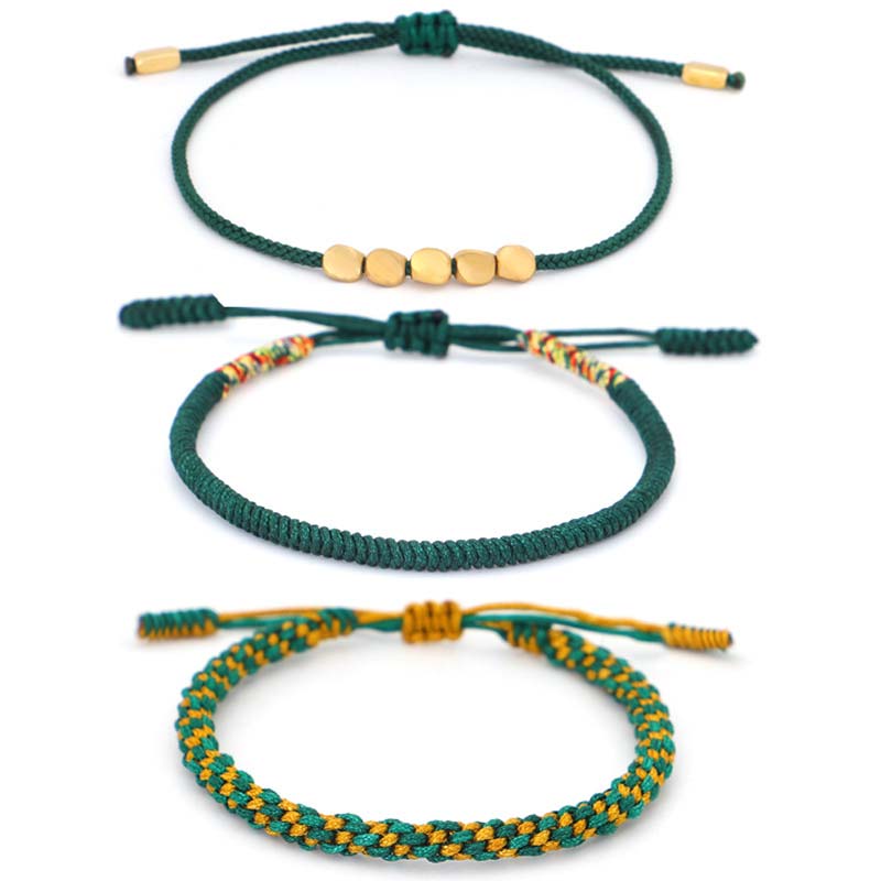 Handmade Tibetan Copper Beads & Endless Knot Woven Bracelet Set - 3 Pieces