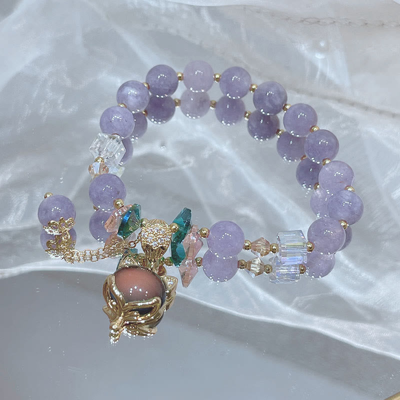 Natural Purple Jade and Clear Quartz Fox Charm Beaded Bracelet
