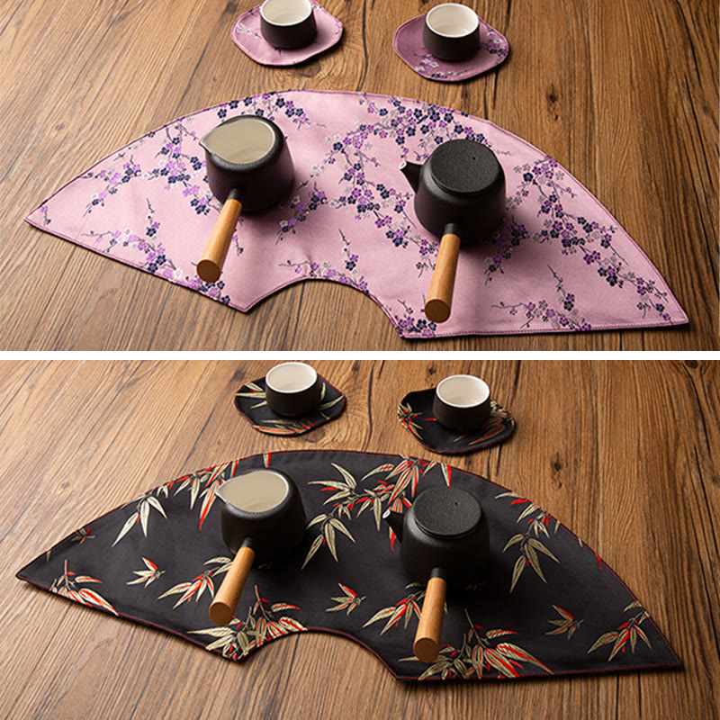 Vintage Sea Wave Bamboo Plum Blossom Embroidered Cup Mat Pad Tea Cup Coaster Kung Fu Tea Mat