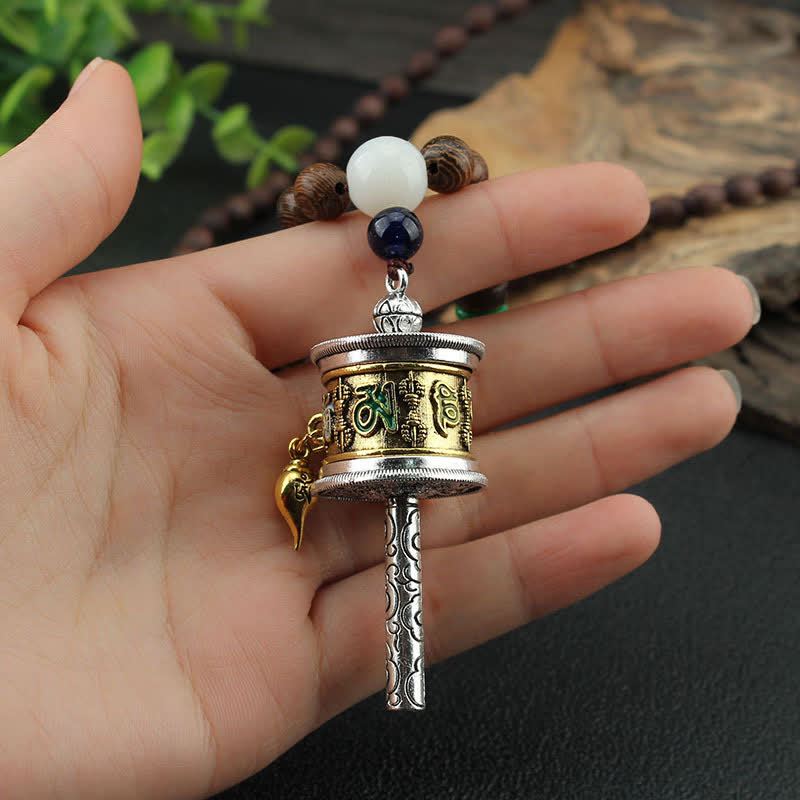Tibetan Om Mani Padme Hum Prayer Wheel Rotation Vajra Wood Necklace Pendant