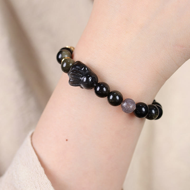Gold Sheen Obsidian Black Obsidian Silver Sheen Obsidian Cute Rabbit Protection Bracelet