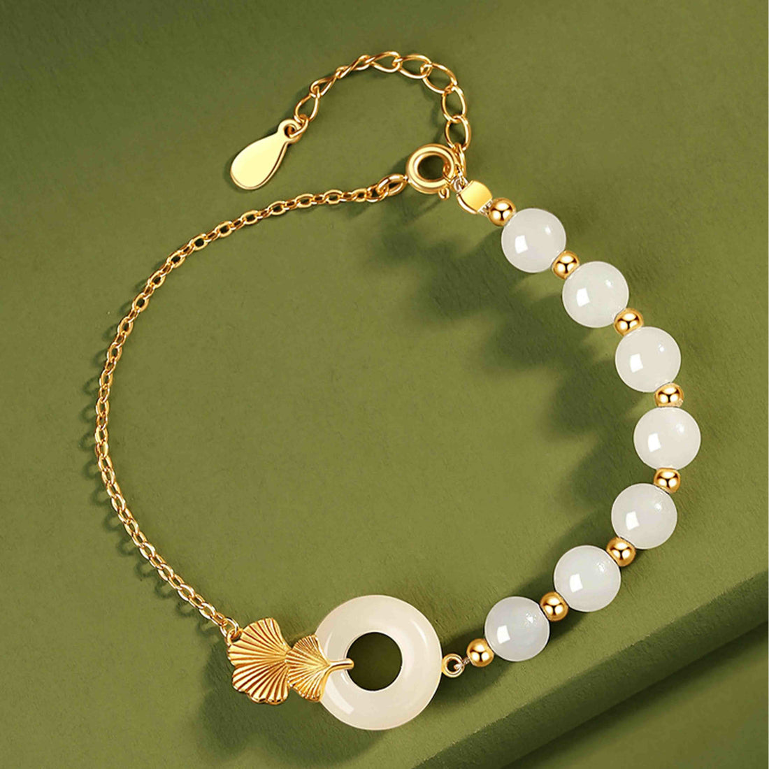 925 Sterling Silver Hetian White Jade Peace Buckle Ginkgo Leaf Luck Bracelet