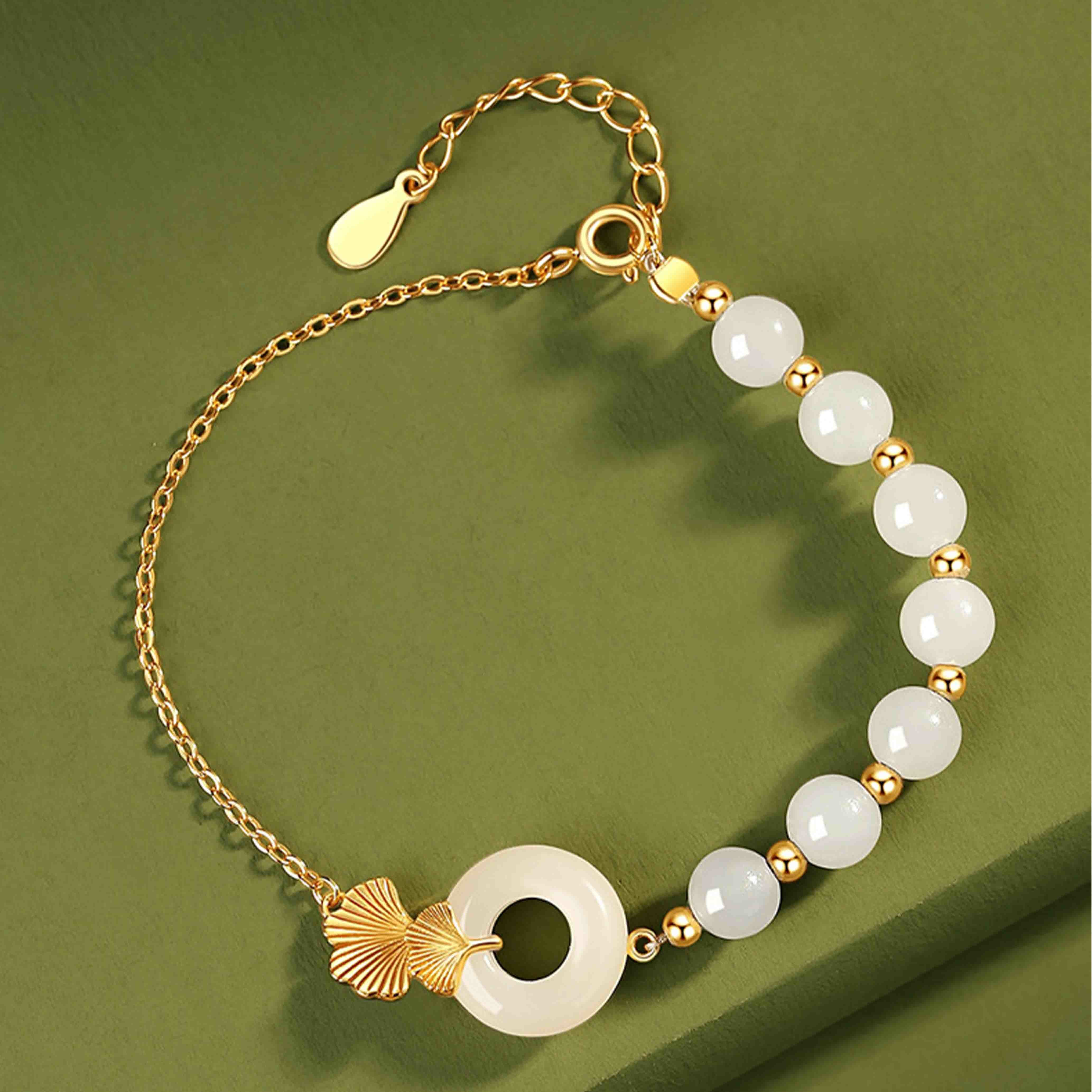 925 Sterling Silver Hetian White Jade Peace Buckle Ginkgo Leaf Luck Bracelet