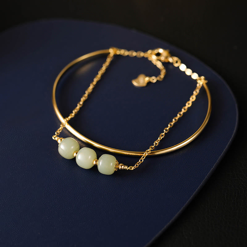 Copper Plated Gold Hetian Jade Bead Luck Double Layer Bracelet Bangle