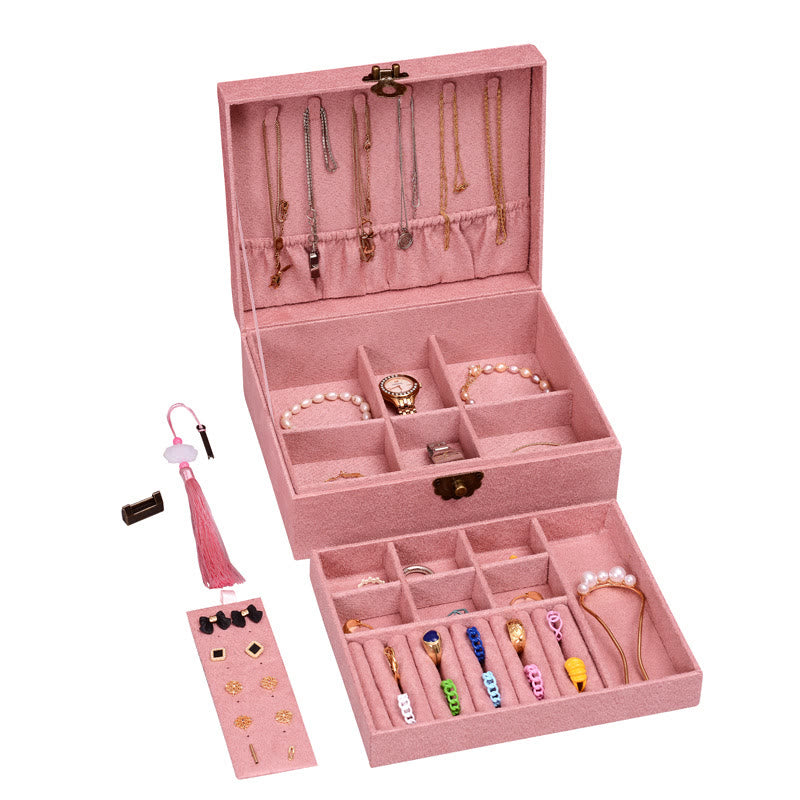 Elegant Two-Layer Flannel Jewelry Box Organizer with Secure Lock
