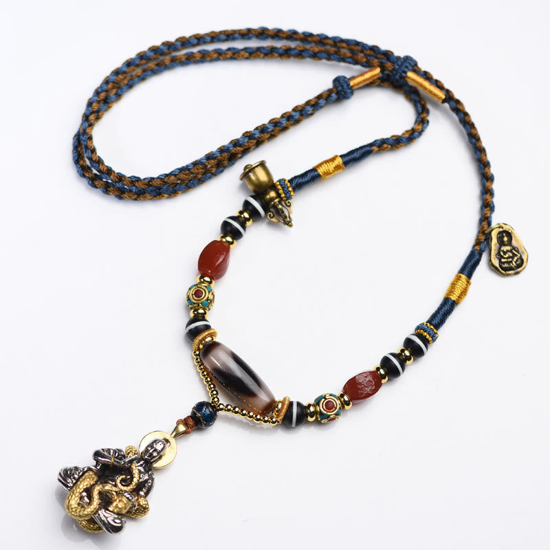 Handmade Buddha Snake Skull Head Dzi Bead Serenity Rope Necklace Pendant (Extra 35% Off | USE CODE: FS35)