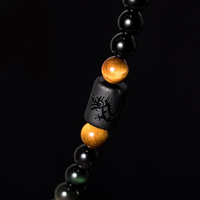 Natural Black Obsidian Rainbow Obsidian Gourd Blessing Bracelet Mala