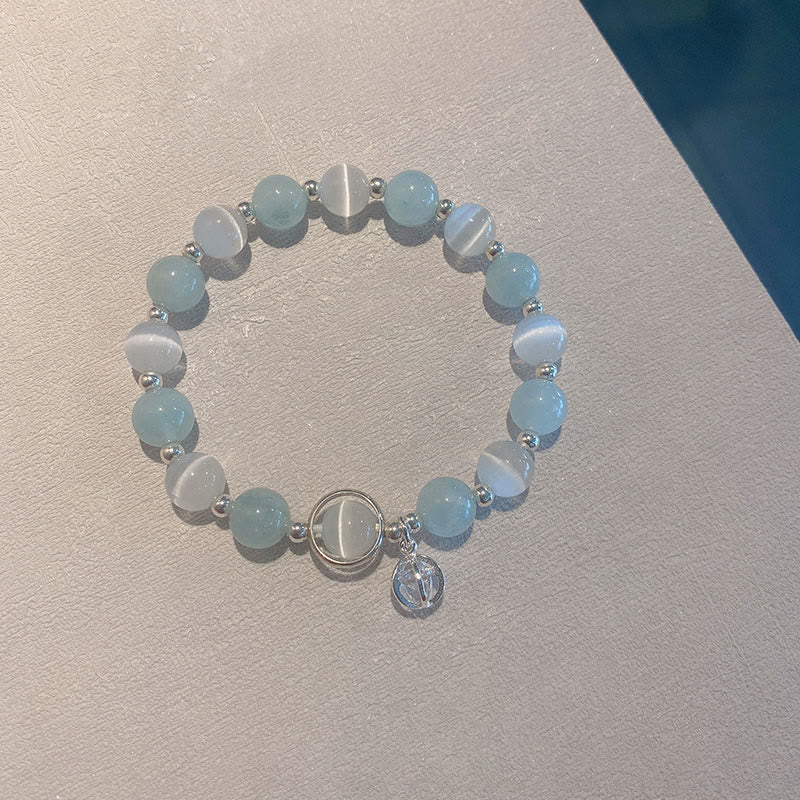 Handcrafted Cat's Eye & Aquamarine 925 Sterling Silver Support Charm Bracelet